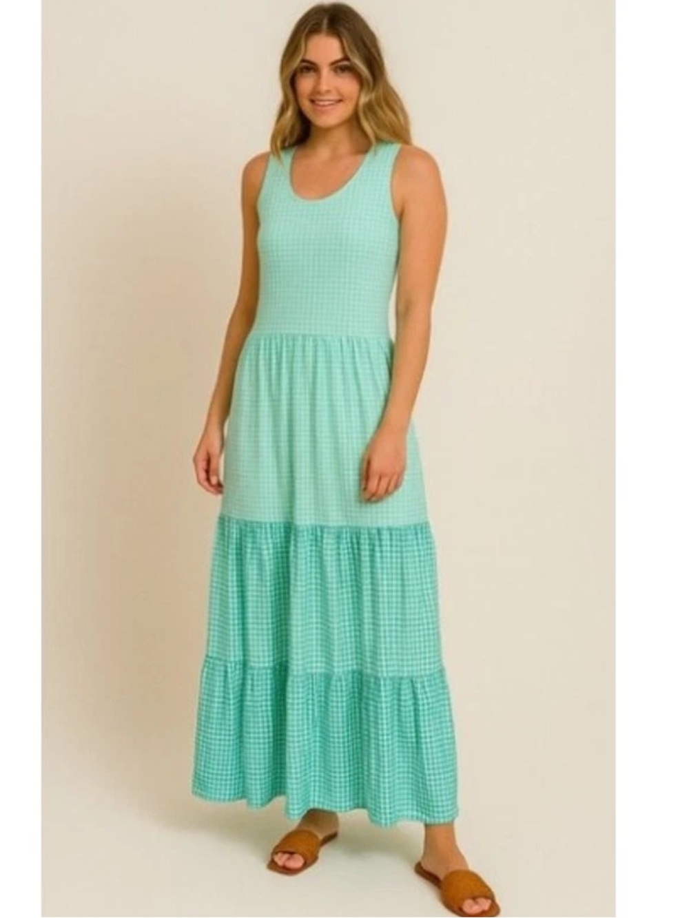LANDS’ END green gingham check tiered maxi tank dress size XL/18